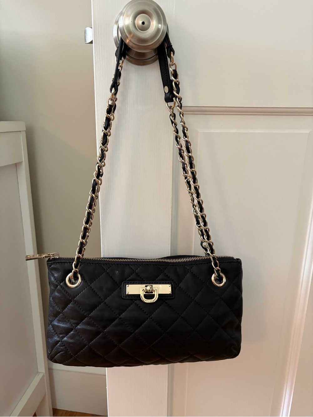 DKNYC Black Quilted Shoulder or Crossbody Bag with Gold Chain